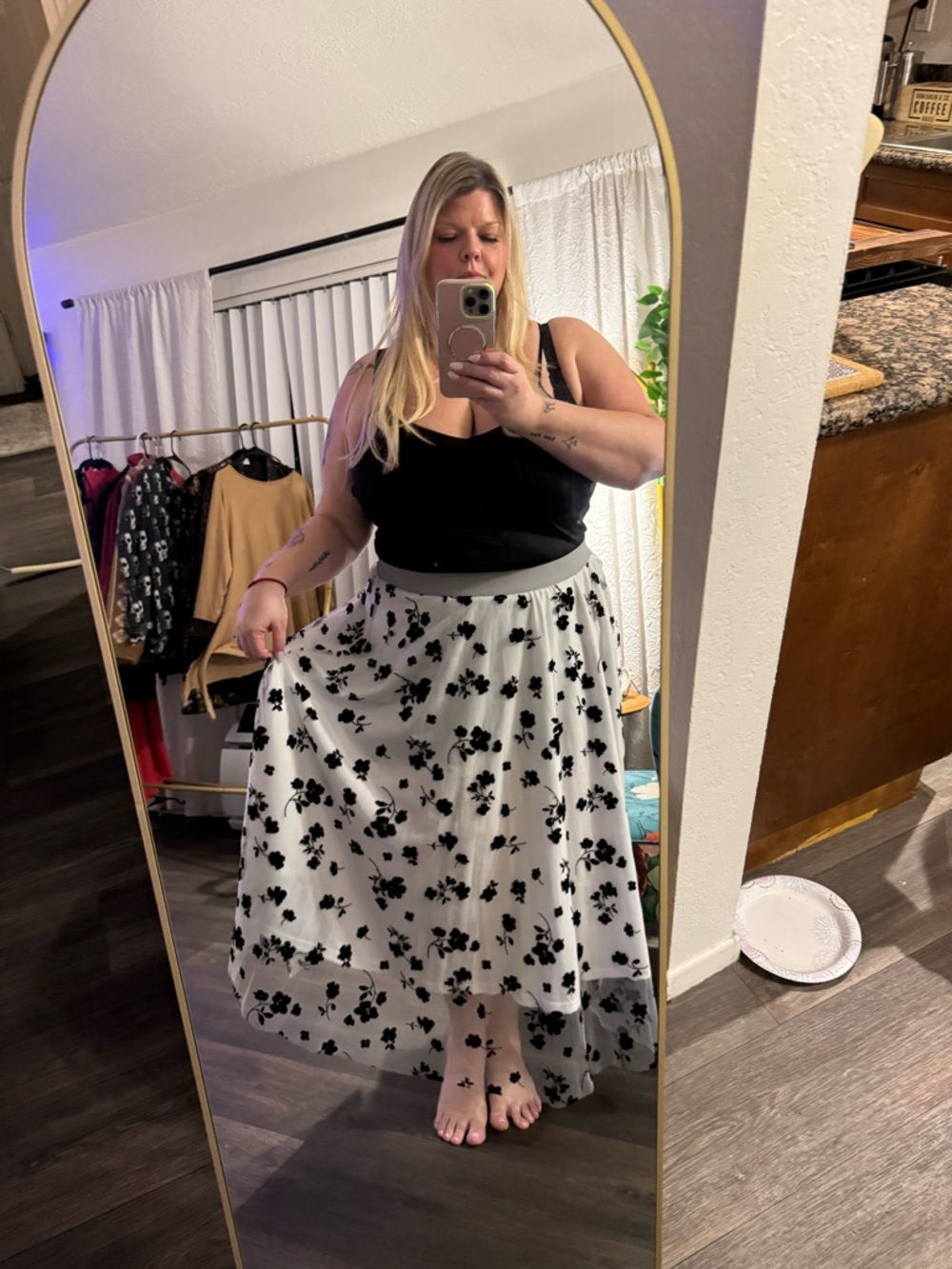 Plus-Size Black and White Floral Maxi Skirt